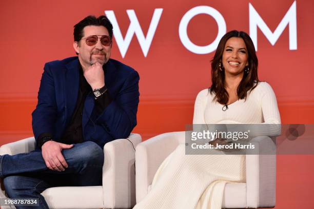 Ramon Campos and Eva Longoria speak on stage at the Apple TV+ presentation of "Land of Women" during the 2024 TCA Winter Press Tour at The Langham...
