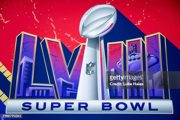 General view of signage before Super Bowl LVIII Opening Night at Allegiant Stadium on February 05, 2024 in Las Vegas, Nevada. Super Bowl LVIII will...