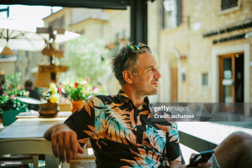 Relaxing in a cafe in Tuscany, Italy