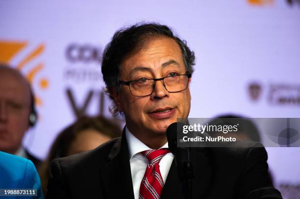 Colombian President Gustavo Petro is speaking during a press conference in Bogota, Colombia, on February 8 after a meeting with the United Nations...