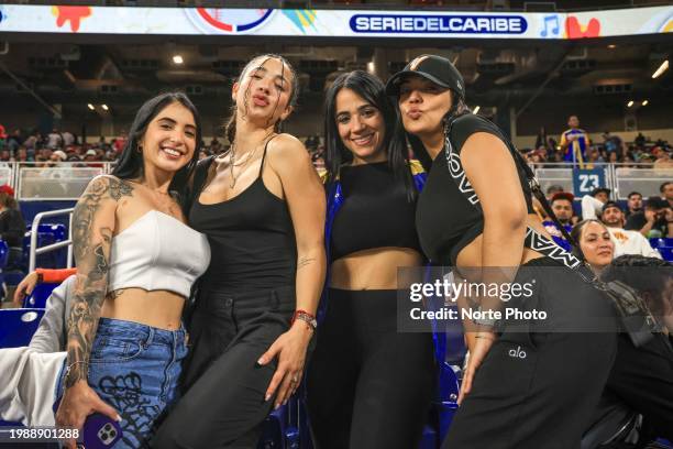 Fans of Tiburones de La Guaira of Venezuela cheer during a game between Venezuela and Mexico at loanDepot Park as part of Serie del Caribe 2024 on...