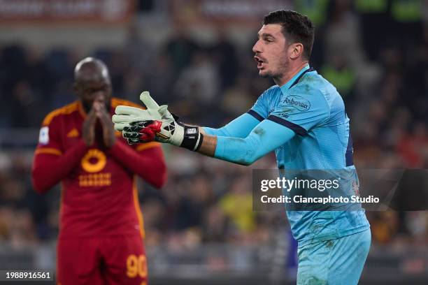 Simone Scuffet of Cagliari Calcio gestures during the Serie A TIM match between AS Roma and Cagliari at Stadio Olimpico on February 05, 2024 in Rome,...