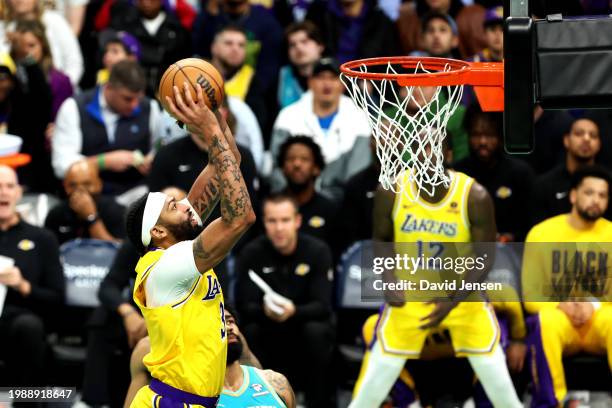 Anthony Davis of the Los Angeles Lakers dunks the ball during the first half of a game against the Charlotte Hornets at Spectrum Center on February...