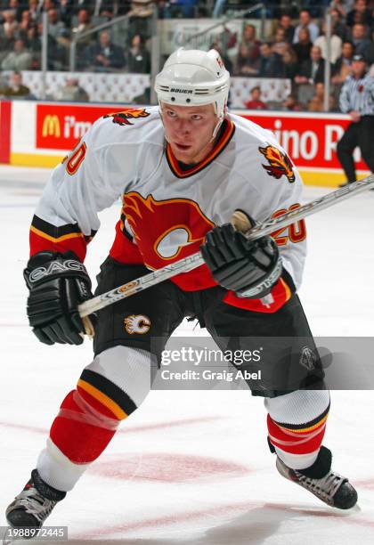 Lynn Loyns of the Calgary Flames skates against the Toronto Maple Leafs during NHL game action on January 13, 2004 at Air Canada Centre in Toronto,...