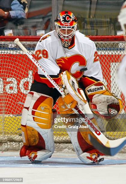 Jamie McLennan of the Calgary Flames skates against the Toronto Maple Leafs during NHL game action on January 13, 2004 at Air Canada Centre in...