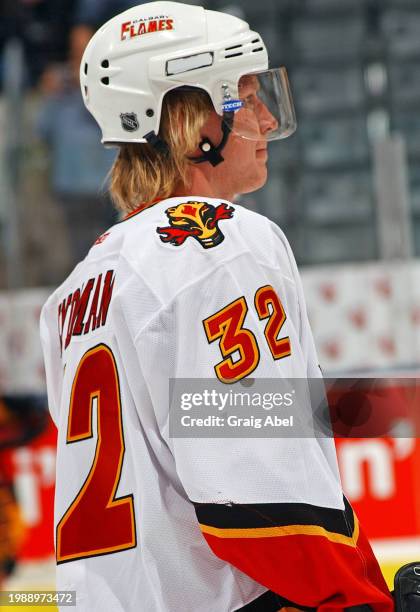 Toni Lydman of the Calgary Flames skates against the Toronto Maple Leafs during NHL game action on January 13, 2004 at Air Canada Centre in Toronto,...