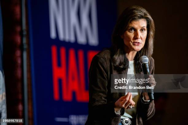 Republican presidential candidate, former U.N. Ambassador Nikki Haley speaks during a campaign rally at the Indigo Hall and Events venue on February...