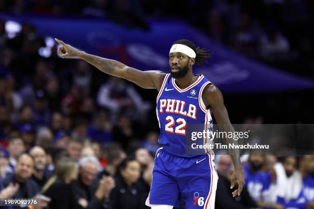 Patrick Beverley of the Philadelphia 76ers reacts during the first quarter against the Dallas Mavericks at the Wells Fargo Center on February 05,...