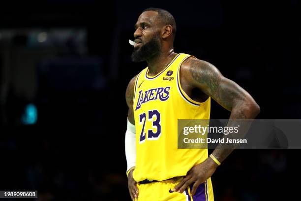 LeBron James of the Los Angeles Lakers looks on during the second half of a game against the Charlotte Hornets at Spectrum Center on February 05,...