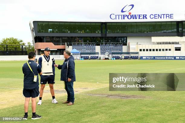 Todd Murphy of Victoria is interviewed prior to the Sheffield Shield match between Victoria and South Australia at CitiPower Centre, on February 06...