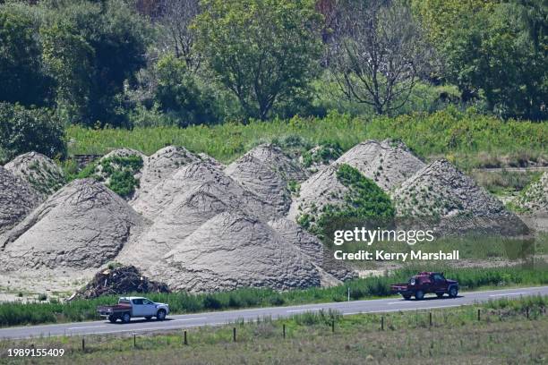 Piles of silt in the Esk Valley on February 06, 2024 in Napier, New Zealand. Cyclone Gabrielle, which hit Hawke's Bay between Feb. 12 and 16 in 2023,...