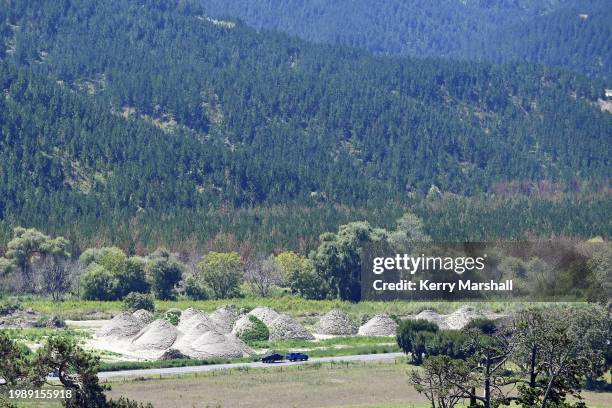Piles of silt in the Esk Valley on February 06, 2024 in Napier, New Zealand. Cyclone Gabrielle, which hit Hawke's Bay between Feb. 12 and 16 in 2023,...