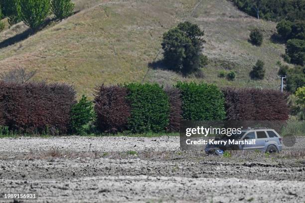 Flood damaged vehicles in fields in the Esk Valley on February 06, 2024 in Napier, New Zealand. Cyclone Gabrielle, which hit Hawke's Bay between Feb....