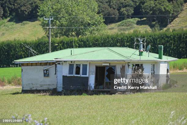 Ruined house on the Napier - Taupo Road in Esk Valley on February 06, 2024 in Napier, New Zealand. Cyclone Gabrielle, which hit Hawke's Bay between...