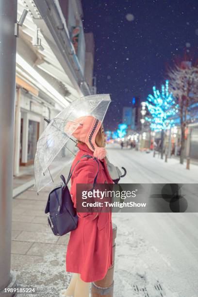 白く厚い雪が降る夜の高山市内を女性が旅する、冬の日本を旅行する観光客に最適です。 - thick white women ストックフォトと画像