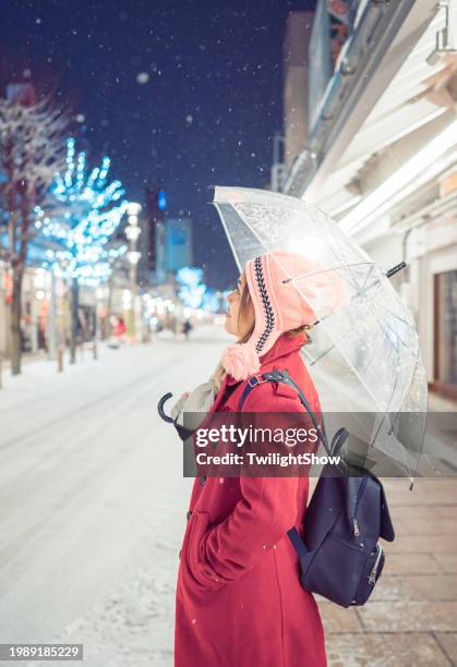 白く厚い雪が降る夜の高山市内を女性が旅する、冬の日本を旅行する観光客に最適です。 - thick white women ストックフォトと画像