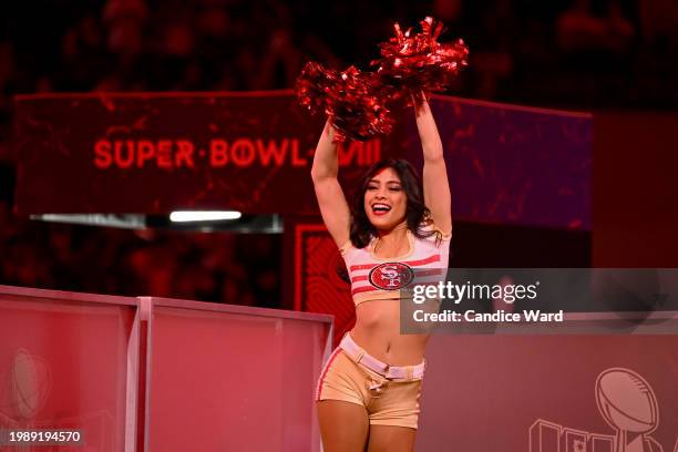 San Francisco 49ers cheerleader performs during Super Bowl LVIII Opening Night at Allegiant Stadium on February 05, 2024 in Las Vegas, Nevada.