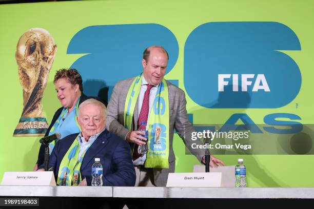 Dallas Sports Commission, Monica Paul, Dallas Cowboys owner Jerry Jones and FC Dallas president Dan Hunt attend the FIFA World Cup 2026 Match...