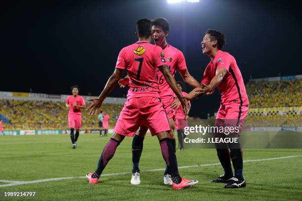 Pedro Junior of Kashima Antlers celebrates with teammates Shuto Yamamoto and Ryota Nagaki after scoring the team's third goal during the J.League J1...