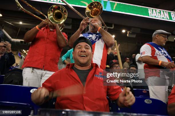 Fans of Los Criollos de Caguas de Puerto Rico, during a game between Puerto Rico and Panama at loanDepot park as part of Serie del Caribe 2024 on...
