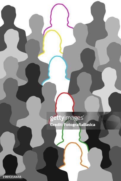 illustrazioni stock, clip art, cartoni animati e icone di tendenza di fila di donne delineate - discriminazione sessuale