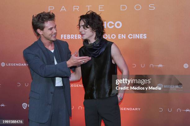 Austin Butler, Timothee Chalamet pose during the photocall for the movie 'Dune: Part Two' at Four Seasons Hotel on February 5, 2024 in Mexico City,...