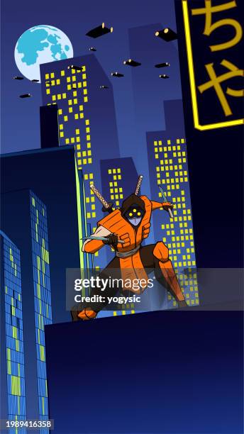vector anime ninja in a cyberpunk city setting vector illustration - slum vector stock illustrations