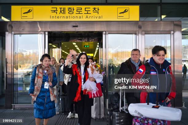 Group of Russian tourists arrive at Pyongyang International Airport in Pyongyang on February 9, 2024. A group of Russian tourists arrived in...