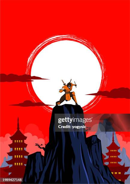 ilustrações de stock, clip art, desenhos animados e ícones de vector anime cyberpunk ninja in a japanese setting rear view vector illustration - samurai