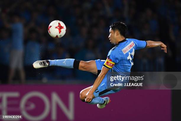 Yu Kobayashi of Kawasaki Frontale in action during the J.League J1 match between Kawasaki Frontale and Urawa Red Diamonds at Todoroki Stadium on July...