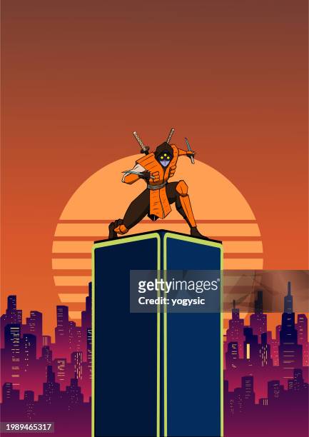 stockillustraties, clipart, cartoons en iconen met vector cyberpunk ninja in a city vector illustration - visor digital
