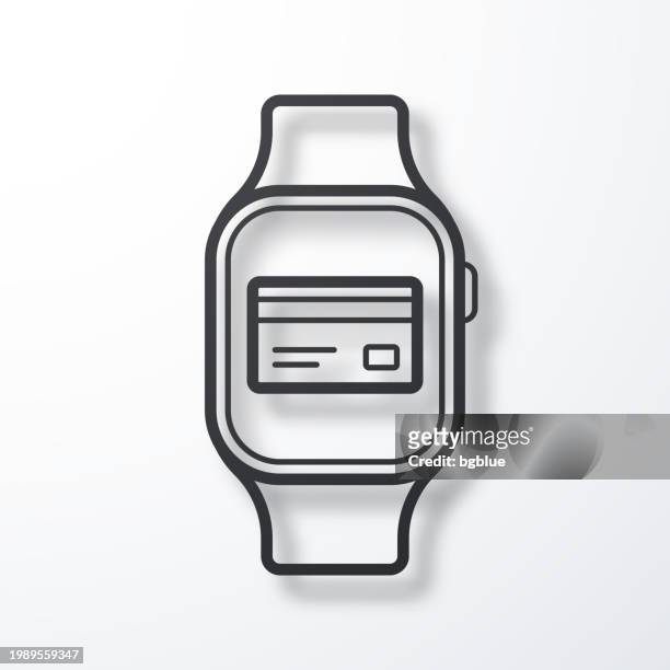 smartwatch mit kreditkarte. liniensymbol mit schatten auf weißem hintergrund - smart watch stock-grafiken, -clipart, -cartoons und -symbole