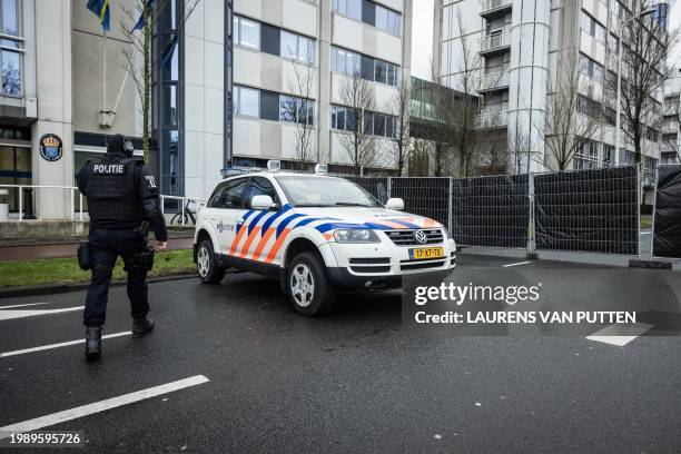 Black screens are errected around the building of the Israeli Embassy on Johan de Wittlaan due to a threat, in The Hague, on February 9, 2024. /...