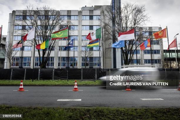 Black screens are errected around the building of the Israeli Embassy on Johan de Wittlaan due to a threat, in The Hague, on February 9, 2024. /...