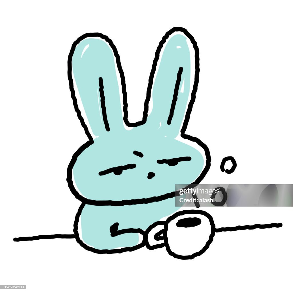 Cute Rabbit Line Drawing Sleepy And Drinking Coffee High-Res Vector ...
