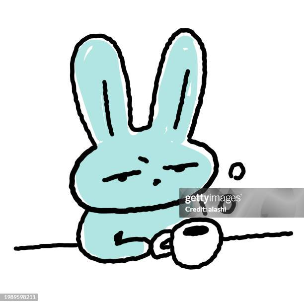 cute rabbit line drawing: sleepy and drinking coffee - year of the rabbit stock illustrations