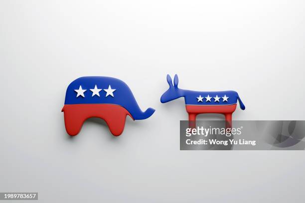 democratic blue donkey and republican red elephant - federal convention stock pictures, royalty-free photos & images