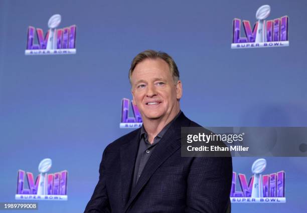 Commissioner Roger Goodell listens to a question during a news conference ahead of Super Bowl LVIII at Allegiant Stadium on February 05, 2024 in Las...