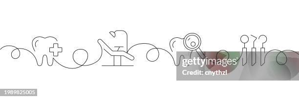 kontinuierliches konzept der zahnärztlichen ikonen mit einer linie. einzeilige vektorillustration. zahnarzt, hygiene, pflege, zahngesundheit. - zahnarzt stock-grafiken, -clipart, -cartoons und -symbole