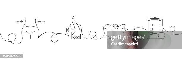 continuous one line drawing dieting icons concept. single line vector illustration. burn calories, slim, weight, obesity. - kilogram stock illustrations