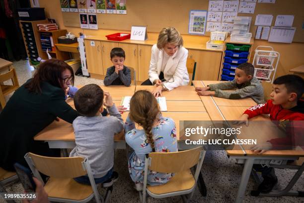 Queen Mathilde of Belgium pictured during a royal visit to Salto primary school in Oud-Turnhout in the context of the Flemish Week against Bullying ,...