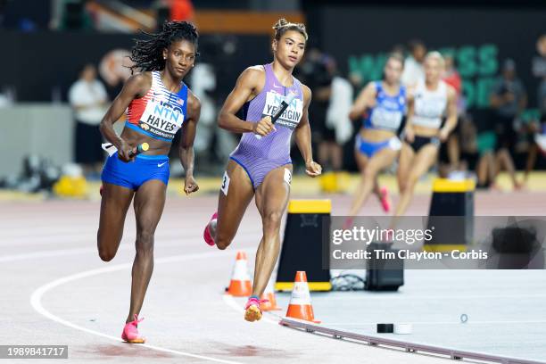 August 26: Quanera Hayes of the United States and Nicole Yeargin of Great Britain in action in heat two of the Women's 4x 400M Relay heats during the...