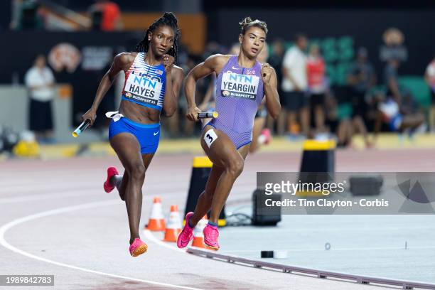 August 26: Quanera Hayes of the United States and Nicole Yeargin of Great Britain in action in heat two of the Women's 4x 400M Relay heats during the...