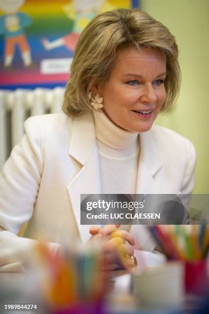 Queen Mathilde of Belgium pictured during a royal visit to Salto primary school in Oud-Turnhout in the context of the Flemish Week against Bullying ,...