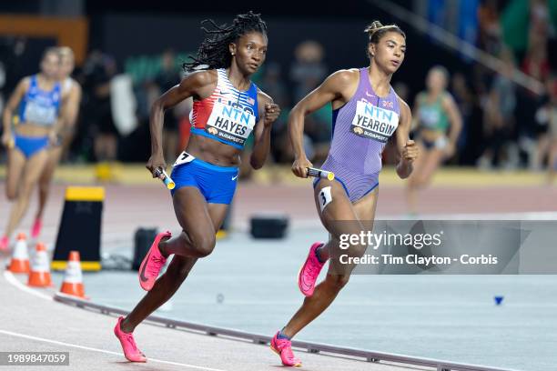 August 26: Quanera Hayes of the United States and Nicole Yeargin of Great Britain in action in heat two of the Women's 4x 400M Relay heats during the...