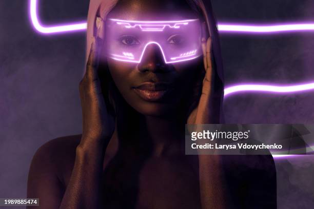 composite collage image of young stunning calm peaceful gorgeous girl wear glasses neon light clubbing cyber technology - cyber punk girl stock pictures, royalty-free photos & images