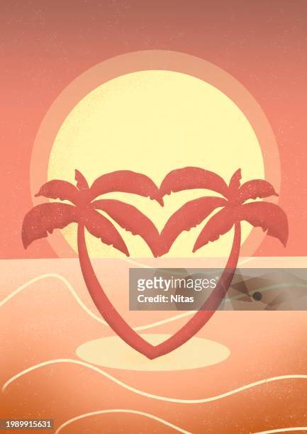 palms in island with heart shape at sunset - beach stock illustrations stock pictures, royalty-free photos & images