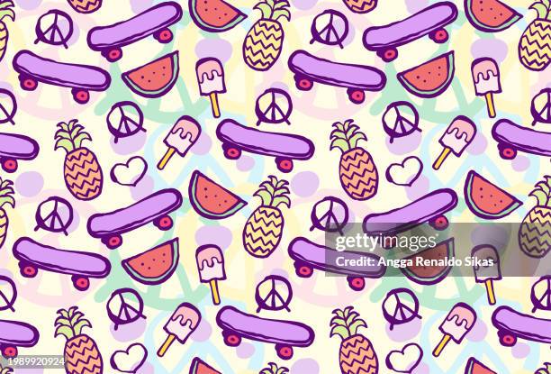 doodle seamless pattern with skateboard, pineapple, ice cream, heart and peace symbols in pastel colored - pineapple pattern stock illustrations