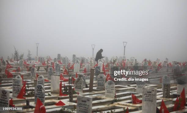 Victims of the Turkish earthquake are commemorated at Hatay Cemetery on February 6, 2024 in Hatay, Turkey.