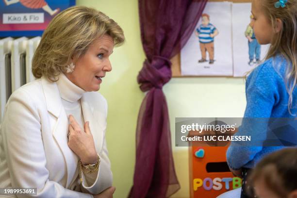 Queen Mathilde of Belgium meets pupils and teachers during a royal visit to Salto primary school for context of the Flemish Week against Bullying, in...